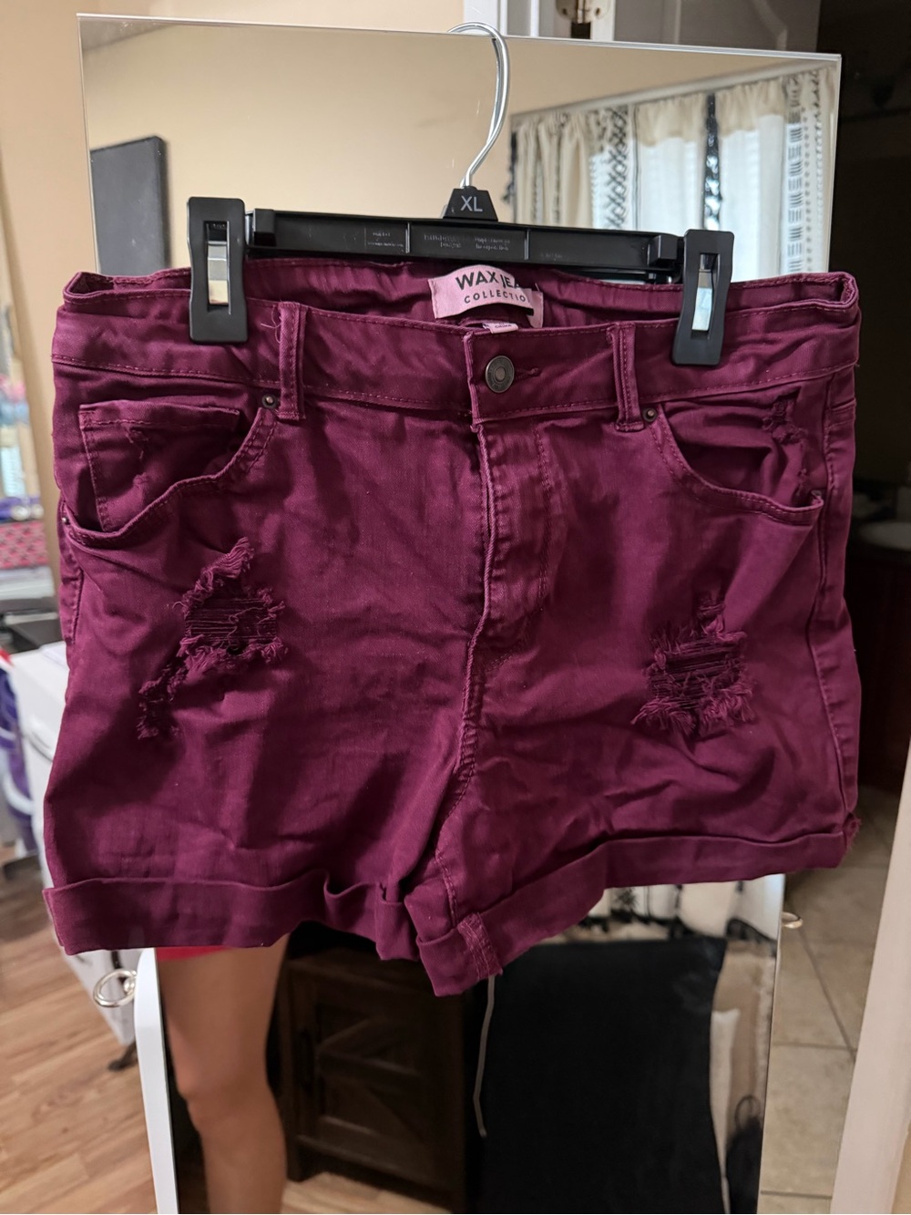 Wax Jean Burgundy Distressed Cuffed Denim Shorts